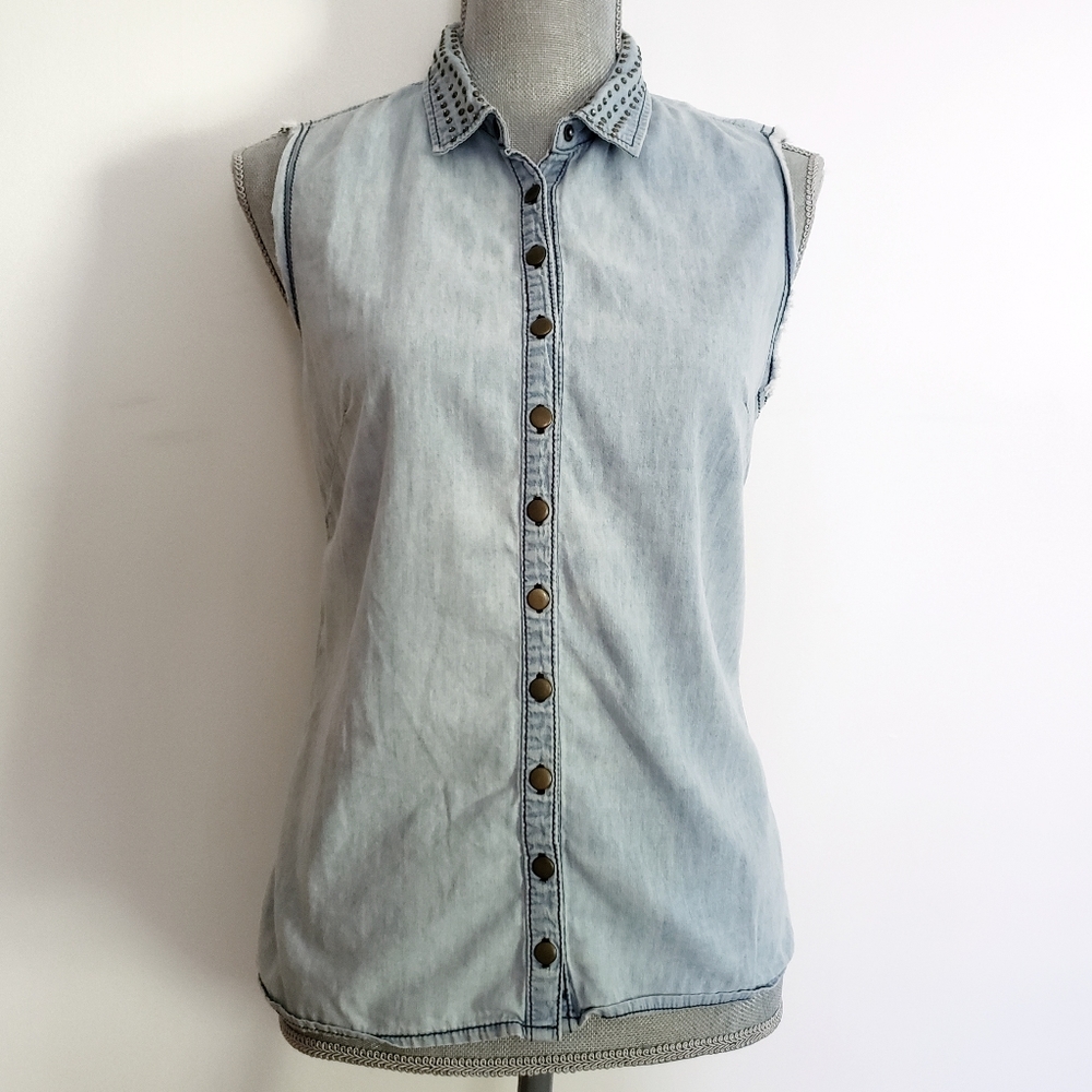 Aqua Chambray Studded Button Down Top